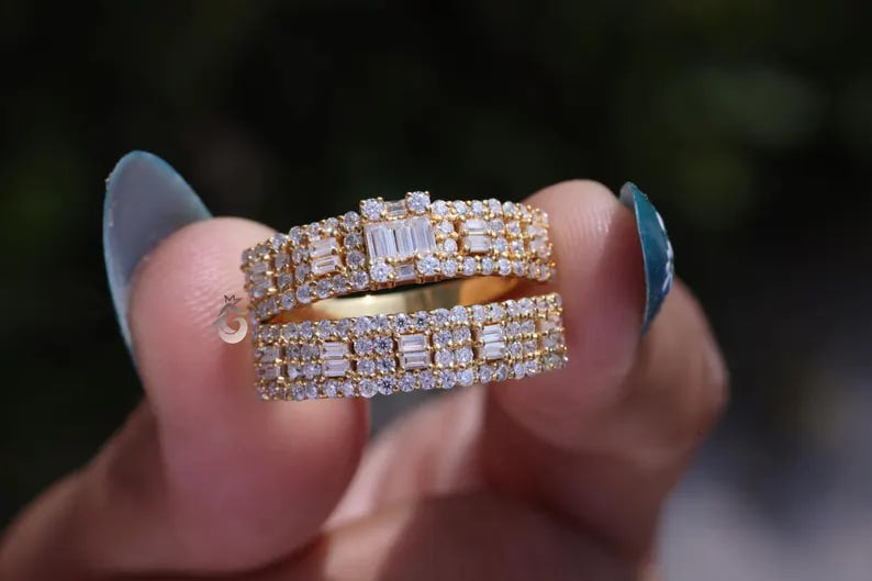 2PCS Baguette & Round Moissanite Wedding Band Set, Half Eternity Rings