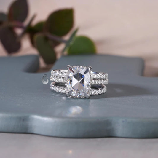 3PCS Cushion Rose Cut Moissanite Ring Set, 14K White Gold Open Gap Band