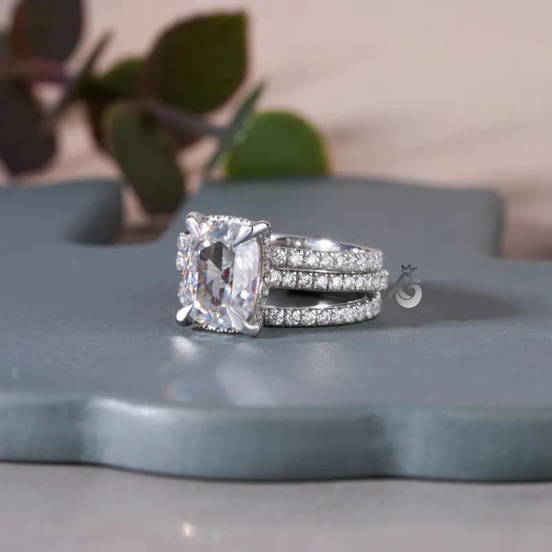 3PCS Cushion Rose Cut Moissanite Ring Set, 14K White Gold Open Gap Band