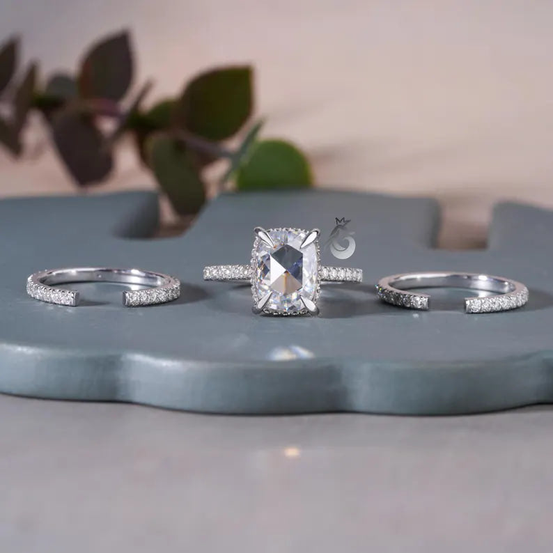 3PCS Cushion Rose Cut Moissanite Ring Set, 14K White Gold Open Gap Band