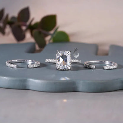 3PCS Cushion Rose Cut Moissanite Ring Set, 14K White Gold Open Gap Band