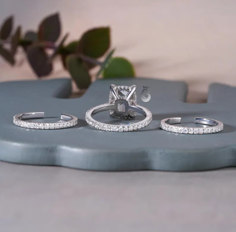 3PCS Cushion Rose Cut Moissanite Ring Set, 14K White Gold Open Gap Band