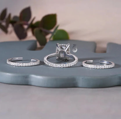 3PCS Cushion Rose Cut Moissanite Ring Set, 14K White Gold Open Gap Band