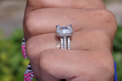 3PCS Cushion Rose Cut Moissanite Ring Set, 14K White Gold Open Gap Band