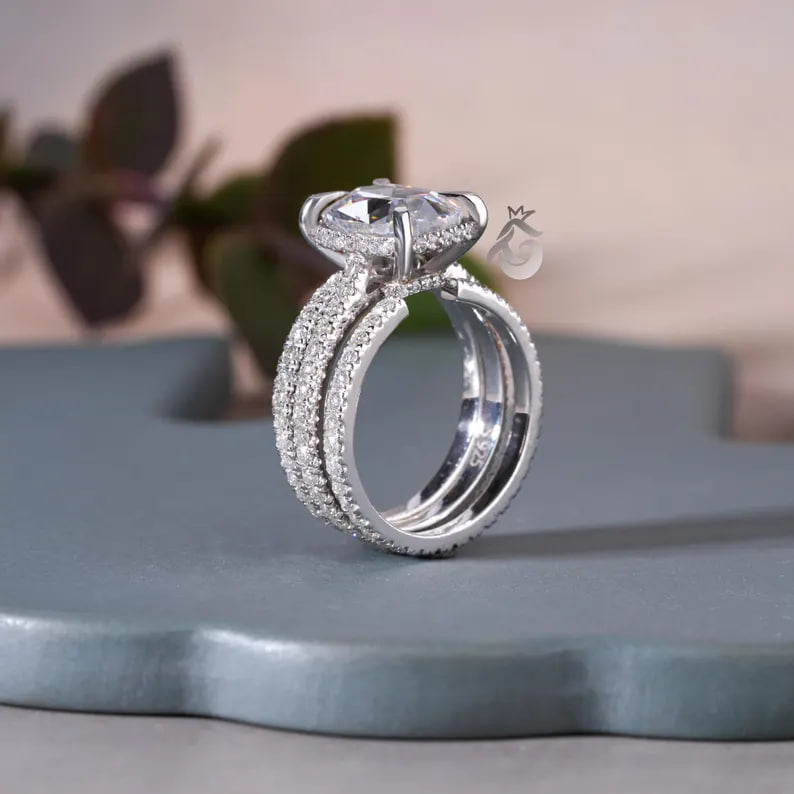 3PCS Cushion Rose Cut Moissanite Ring Set, 14K White Gold Open Gap Band