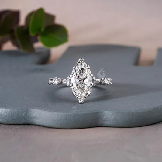 Marquise Lab Grown Diamond Engagement Ring, Vintage Hidden Halo Design