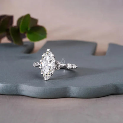 Marquise Lab Grown Diamond Engagement Ring, Vintage Hidden Halo Design