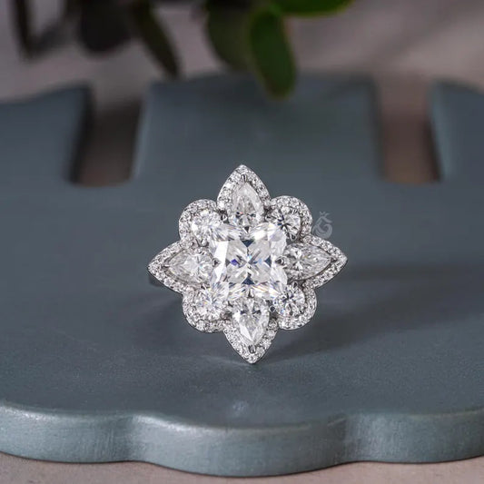 3.30 TCW Flower Cut Moissanite Ring, Pear Halo, Vintage Style