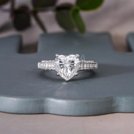 2.58CT Heart Cut Moissanite Engagement Ring, Three-Sided Pave, 14K White Gold