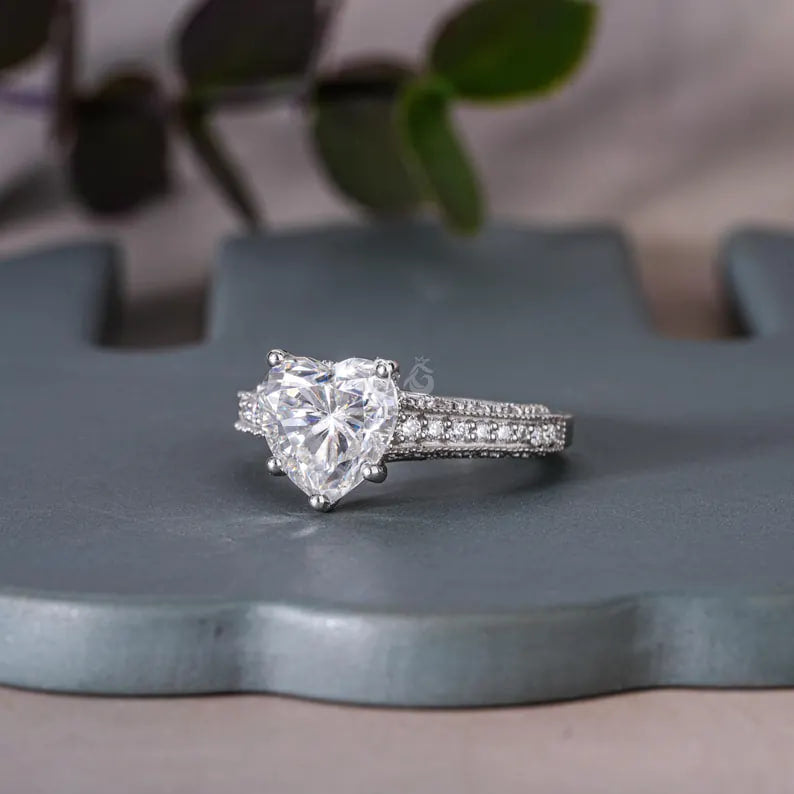 2.58CT Heart Cut Moissanite Engagement Ring, Three-Sided Pave, 14K White Gold