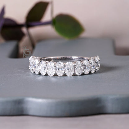 5x3MM Oval Moissanite Band, 10K White Gold Half Eternity Wedding Ring