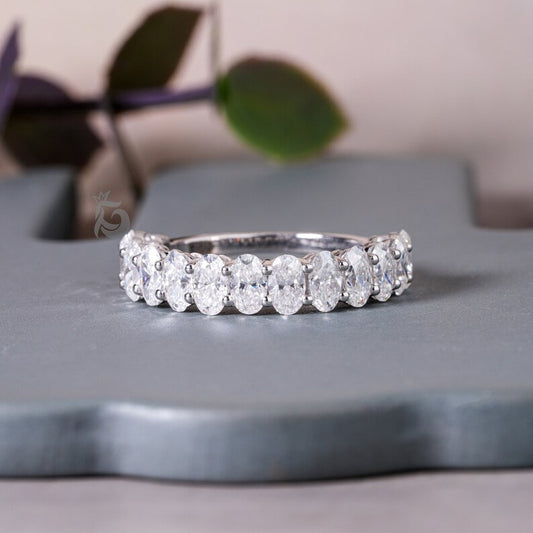 5x3MM Oval Moissanite Band, 10K White Gold Half Eternity Wedding Ring