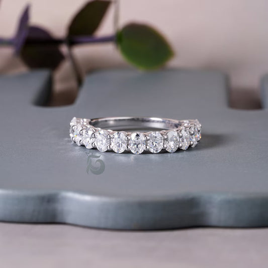 4x3MM Oval Moissanite Wedding Band, White Gold Half Eternity Ring