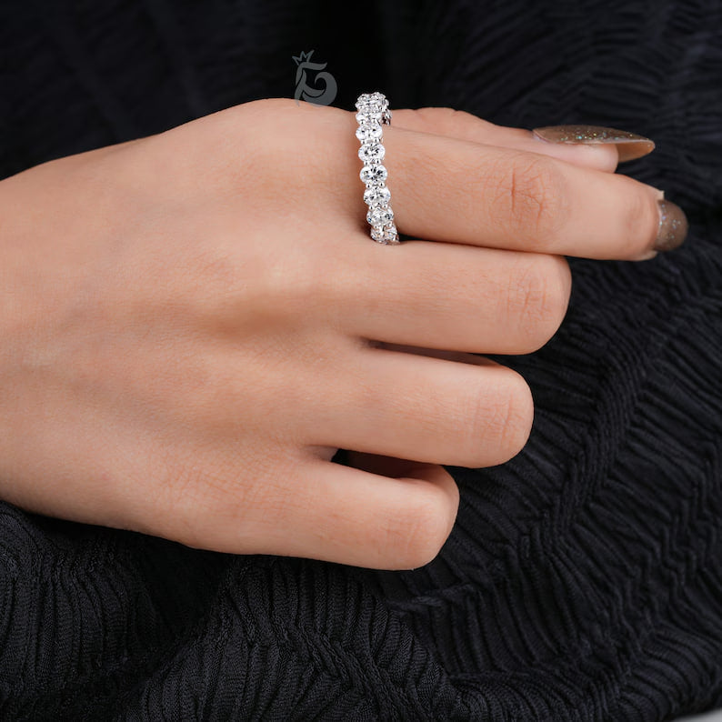 4x3MM Oval Moissanite Wedding Band, White Gold Half Eternity Ring