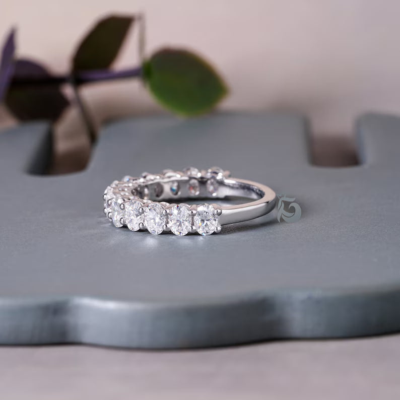 4x3MM Oval Moissanite Wedding Band, White Gold Half Eternity Ring