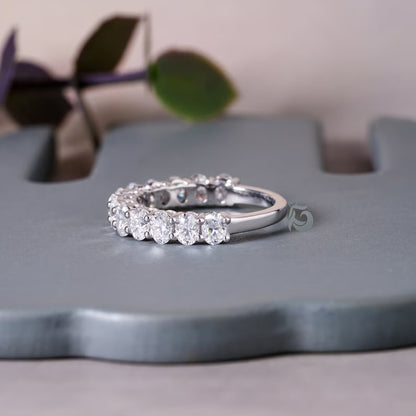4x3MM Oval Moissanite Wedding Band, White Gold Half Eternity Ring