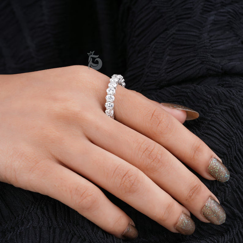 4x3MM Oval Moissanite Wedding Band, White Gold Half Eternity Ring