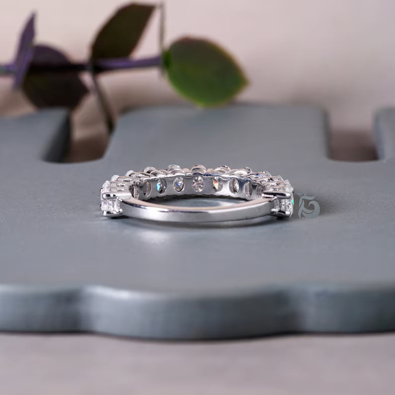 4x3MM Oval Moissanite Wedding Band, White Gold Half Eternity Ring