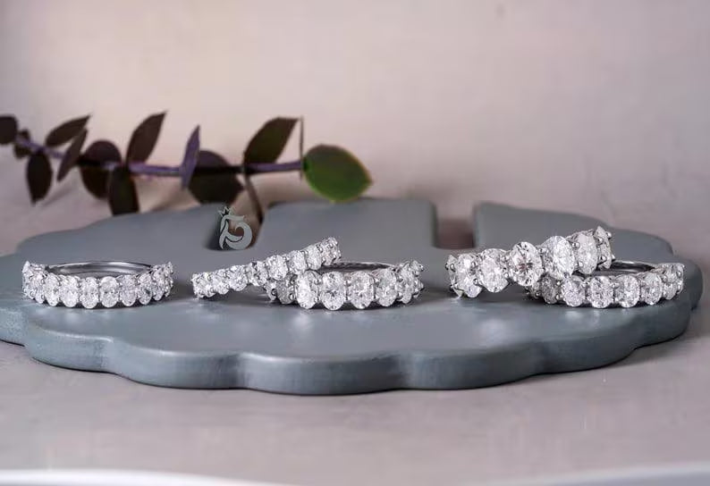 4x3MM Oval Moissanite Wedding Band, White Gold Half Eternity Ring