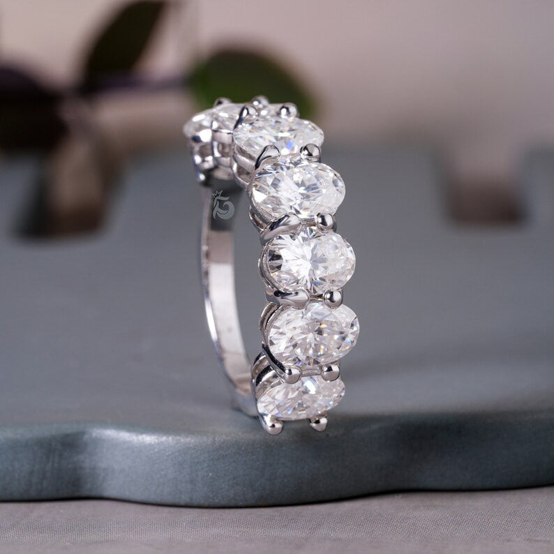 4.65TCW 7x5MM Oval Moissanite Wedding Band, 14K White Gold Half Eternity Ring