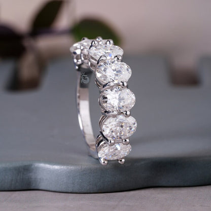4.65TCW 7x5MM Oval Moissanite Wedding Band, 14K White Gold Half Eternity Ring