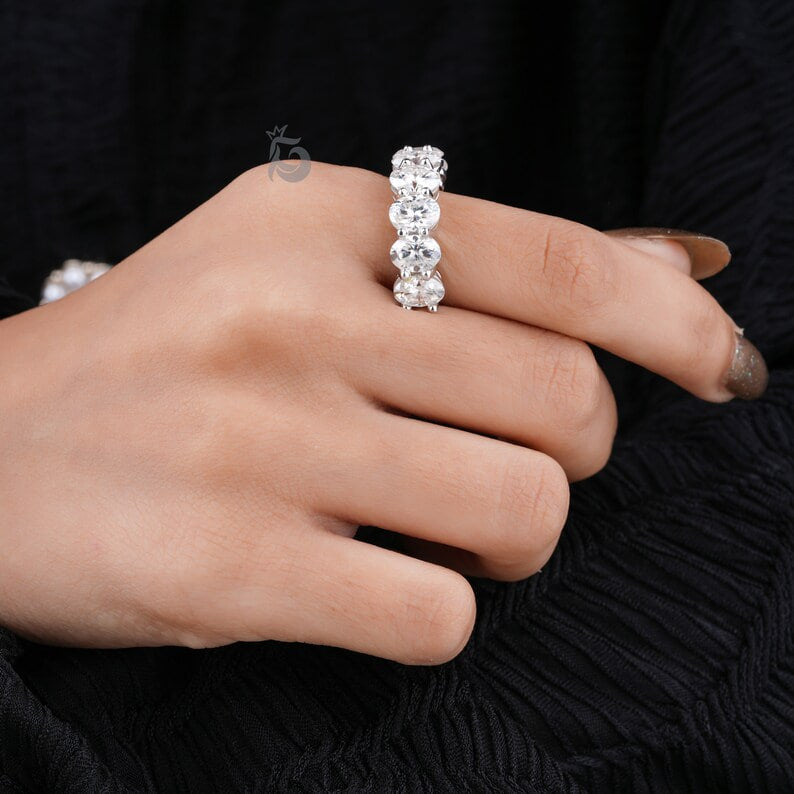 4.65TCW 7x5MM Oval Moissanite Wedding Band, 14K White Gold Half Eternity Ring