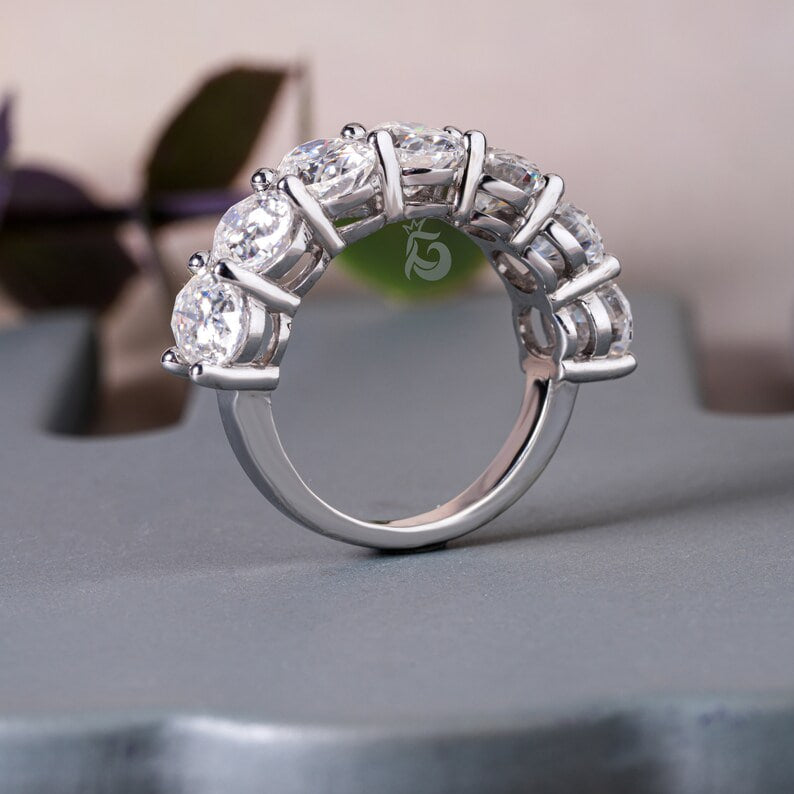 4.65TCW 7x5MM Oval Moissanite Wedding Band, 14K White Gold Half Eternity Ring