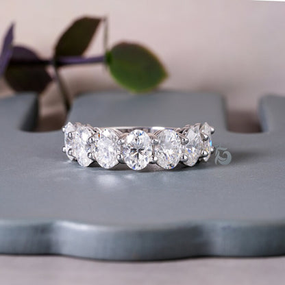 4.65TCW 7x5MM Oval Moissanite Wedding Band, 14K White Gold Half Eternity Ring