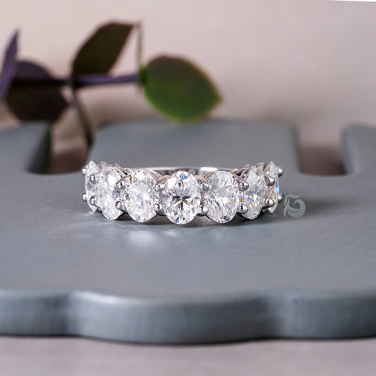 4.65TCW 7x5MM Oval Moissanite Wedding Band, 14K White Gold Half Eternity Ring