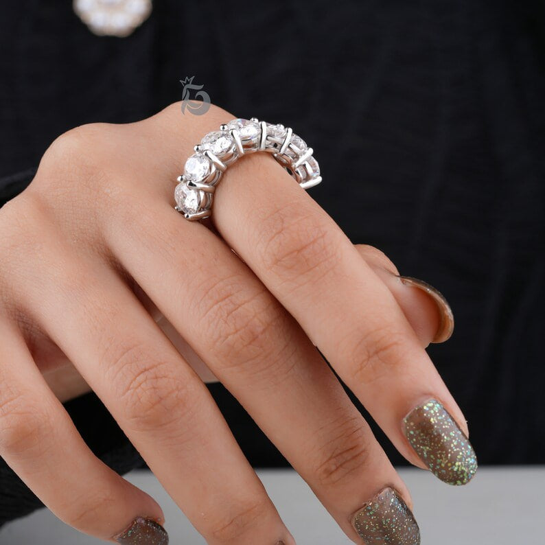 4.65TCW 7x5MM Oval Moissanite Wedding Band, 14K White Gold Half Eternity Ring