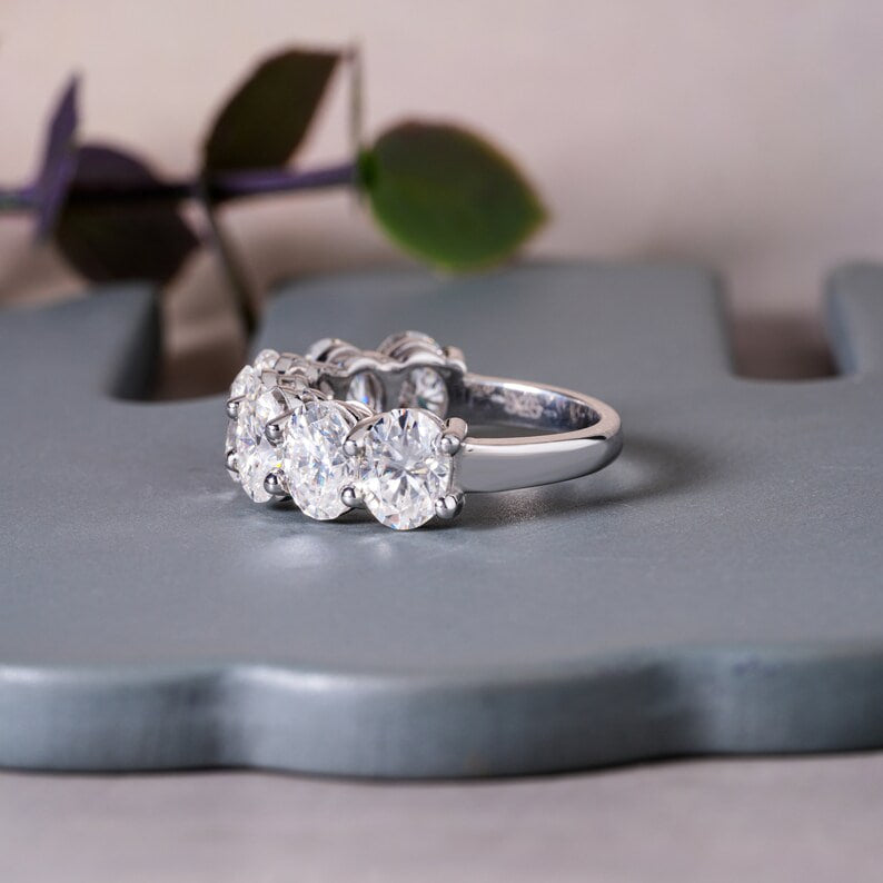 4.65TCW 7x5MM Oval Moissanite Wedding Band, 14K White Gold Half Eternity Ring