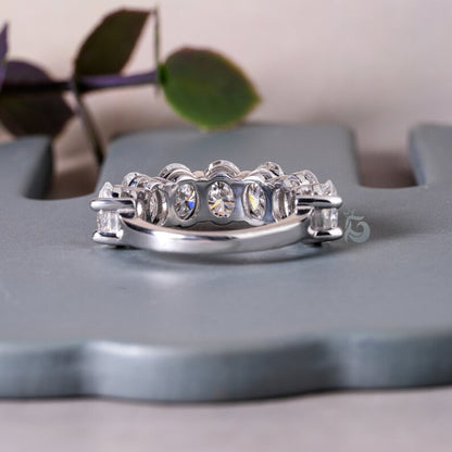 4.65TCW 7x5MM Oval Moissanite Wedding Band, 14K White Gold Half Eternity Ring