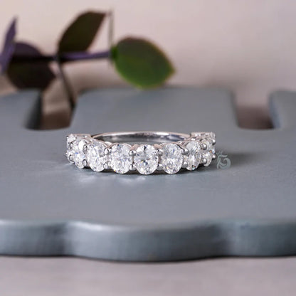5x4MM Oval Moissanite Half Eternity Band, Stackable Wedding Ring for Her