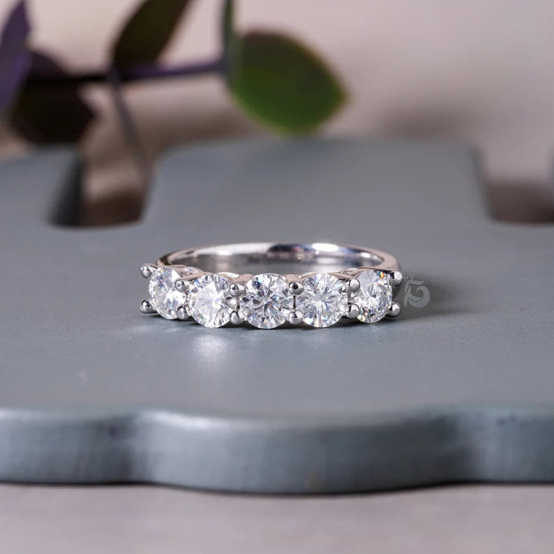 4.20MM Round Five Stone Moissanite Band, Bridge Setting Anniversary Ring