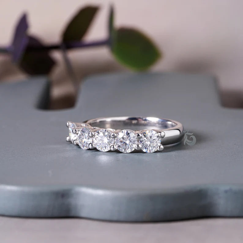 4.20MM Round Five Stone Moissanite Band, Bridge Setting Anniversary Ring