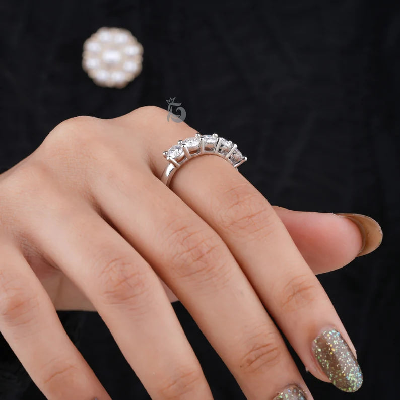 4.20MM Round Five Stone Moissanite Band, Bridge Setting Anniversary Ring