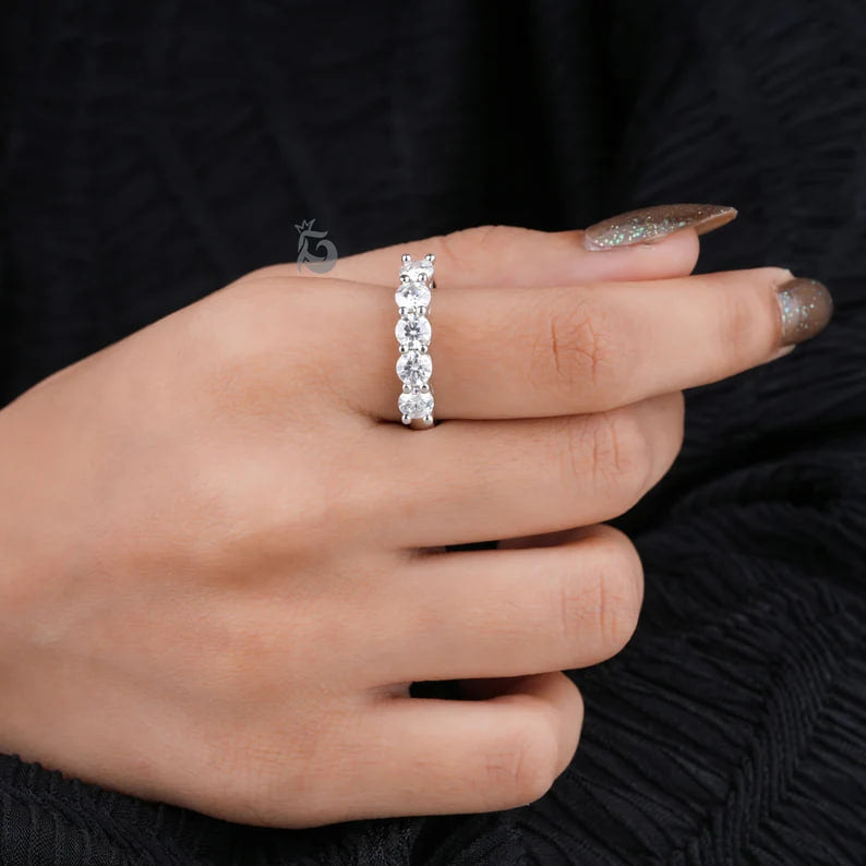4.20MM Round Five Stone Moissanite Band, Bridge Setting Anniversary Ring
