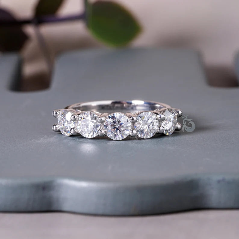 4.80MM Round Moissanite Half Eternity Band, 14K Gold Five Stone Ring for Her