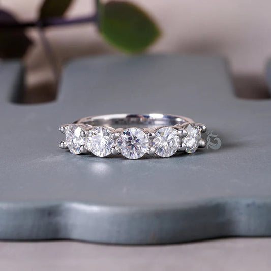 4.80MM Round Moissanite Half Eternity Band, 14K Gold Five Stone Ring for Her