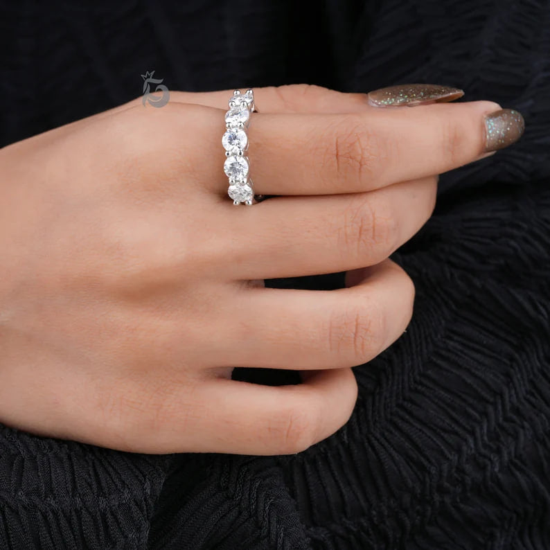 4.80MM Round Moissanite Half Eternity Band, 14K Gold Five Stone Ring for Her