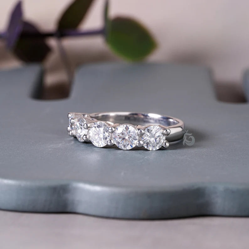 4.80MM Round Moissanite Half Eternity Band, 14K Gold Five Stone Ring for Her