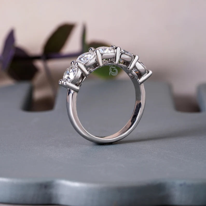 4.80MM Round Moissanite Half Eternity Band, 14K Gold Five Stone Ring for Her