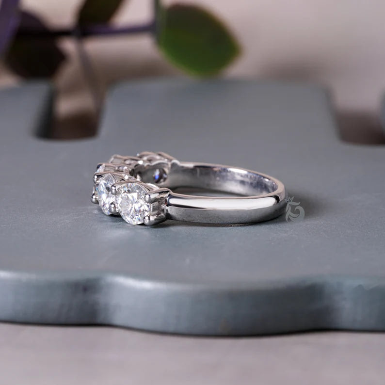 4.80MM Round Moissanite Half Eternity Band, 14K Gold Five Stone Ring for Her