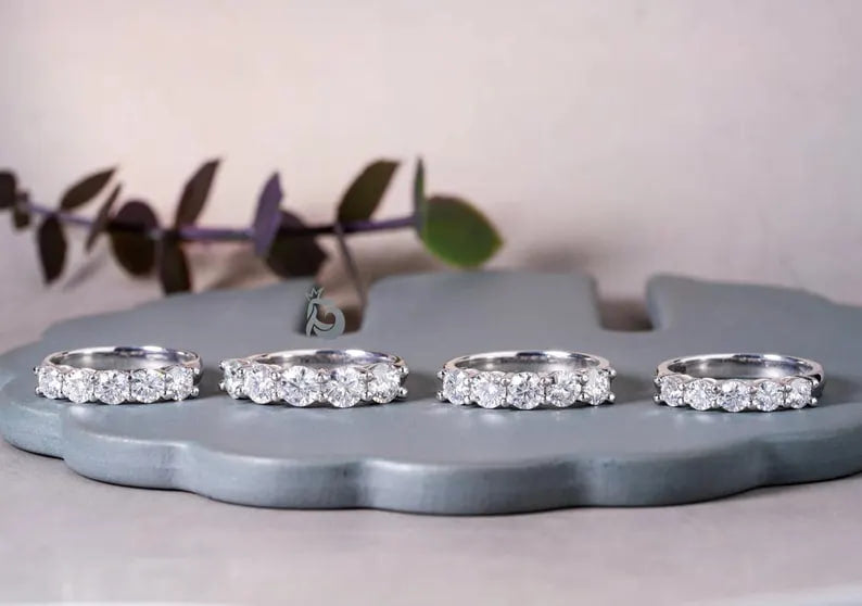 4.80MM Round Moissanite Half Eternity Band, 14K Gold Five Stone Ring for Her