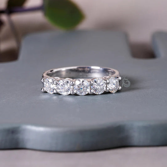 4MM Round Moissanite Five Stone Band, 14K Gold Half Eternity Ring