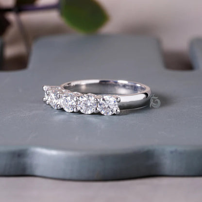 4MM Round Moissanite Five Stone Band, 14K Gold Half Eternity Ring