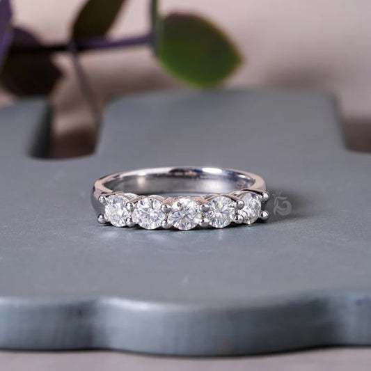 3.5MM Round Moissanite Five Stone Band, 10K Gold Half Eternity Ring