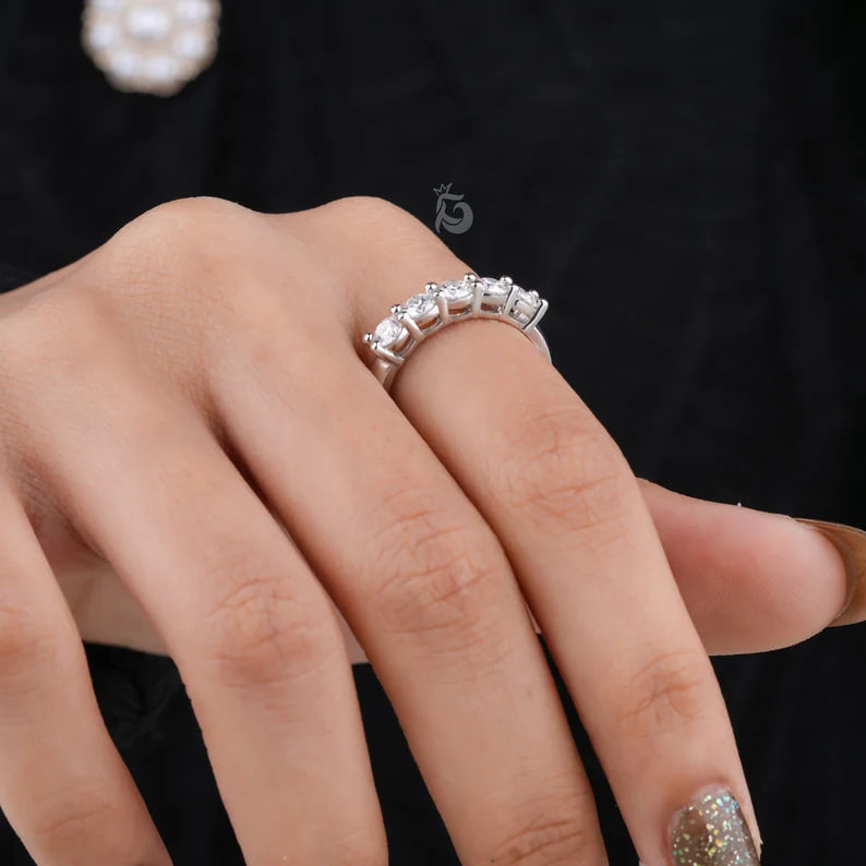 3.5MM Round Moissanite Five Stone Band, 10K Gold Half Eternity Ring