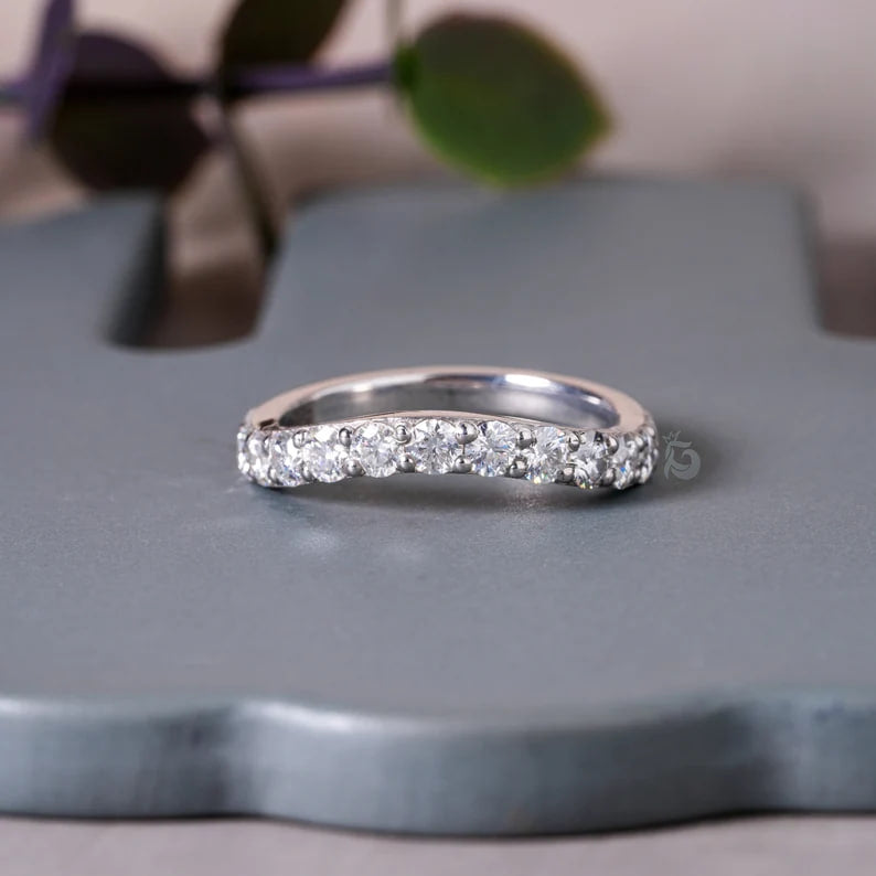 1.07TCW Curved Moissanite Wedding Band, 14K White Gold Half Eternity Ring