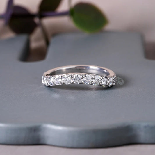 1.07TCW Curved Moissanite Wedding Band, 14K White Gold Half Eternity Ring